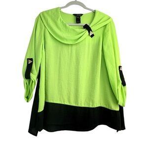 Ali Miles Green Black Tunic Top PS Cowl Neck Rayon Contrast Trim Artsy Boho